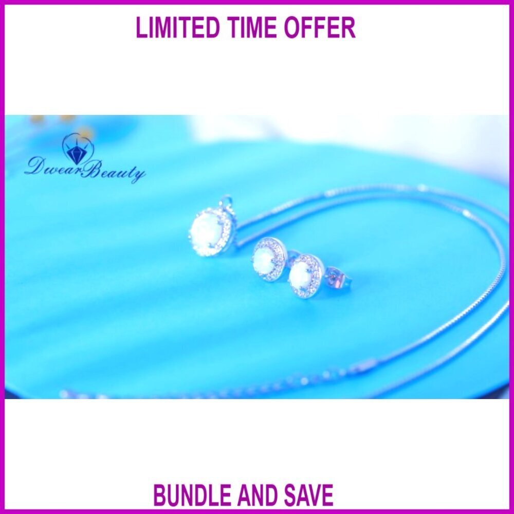 18k White Gold Plated Opal Halo Pendant Necklace and Stud Earrings Set - Picture 7 of 7